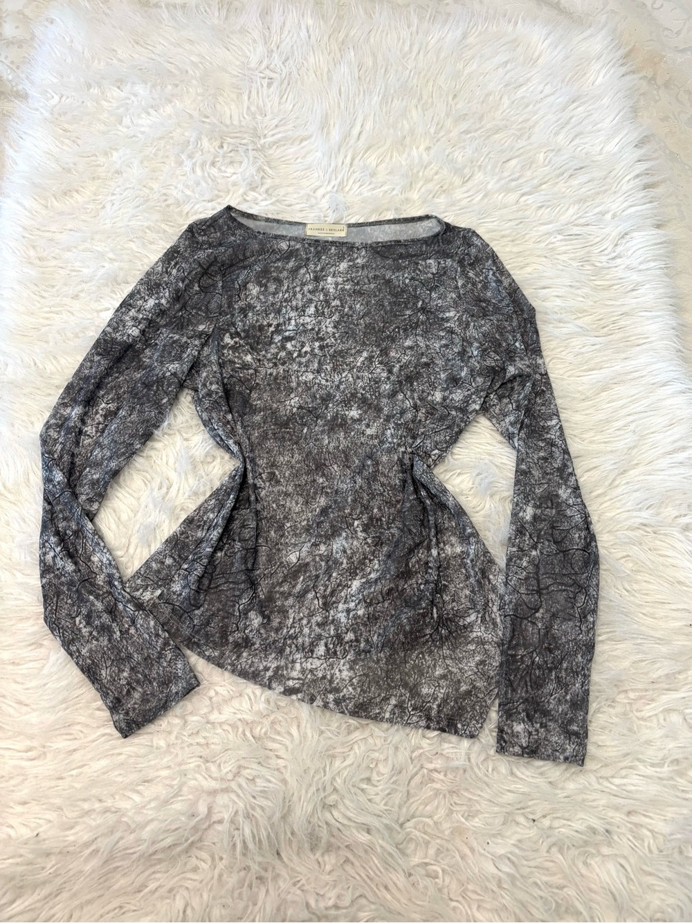 Sheer Long Sleeve Crewneck Top in Heathered Black-Grey